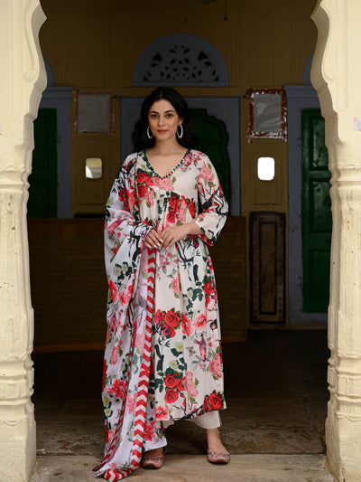 Birds and flowers kurta pant and dupatta set