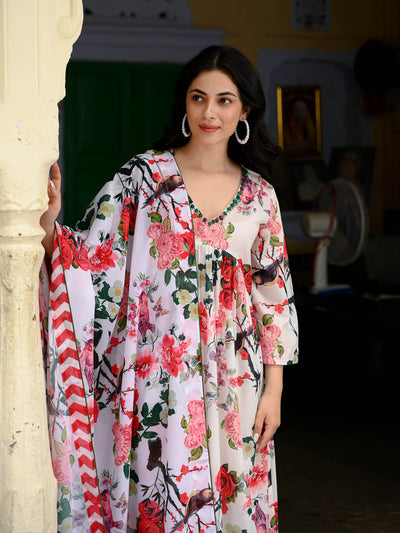 Birds and flowers kurta pant and dupatta set