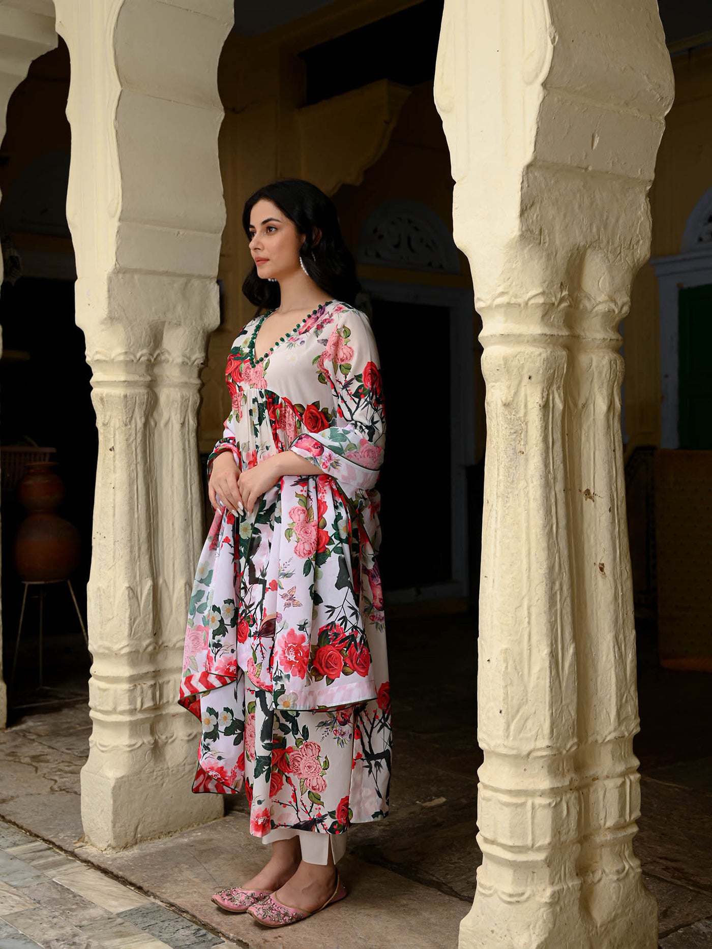 Birds and flowers kurta pant and dupatta set