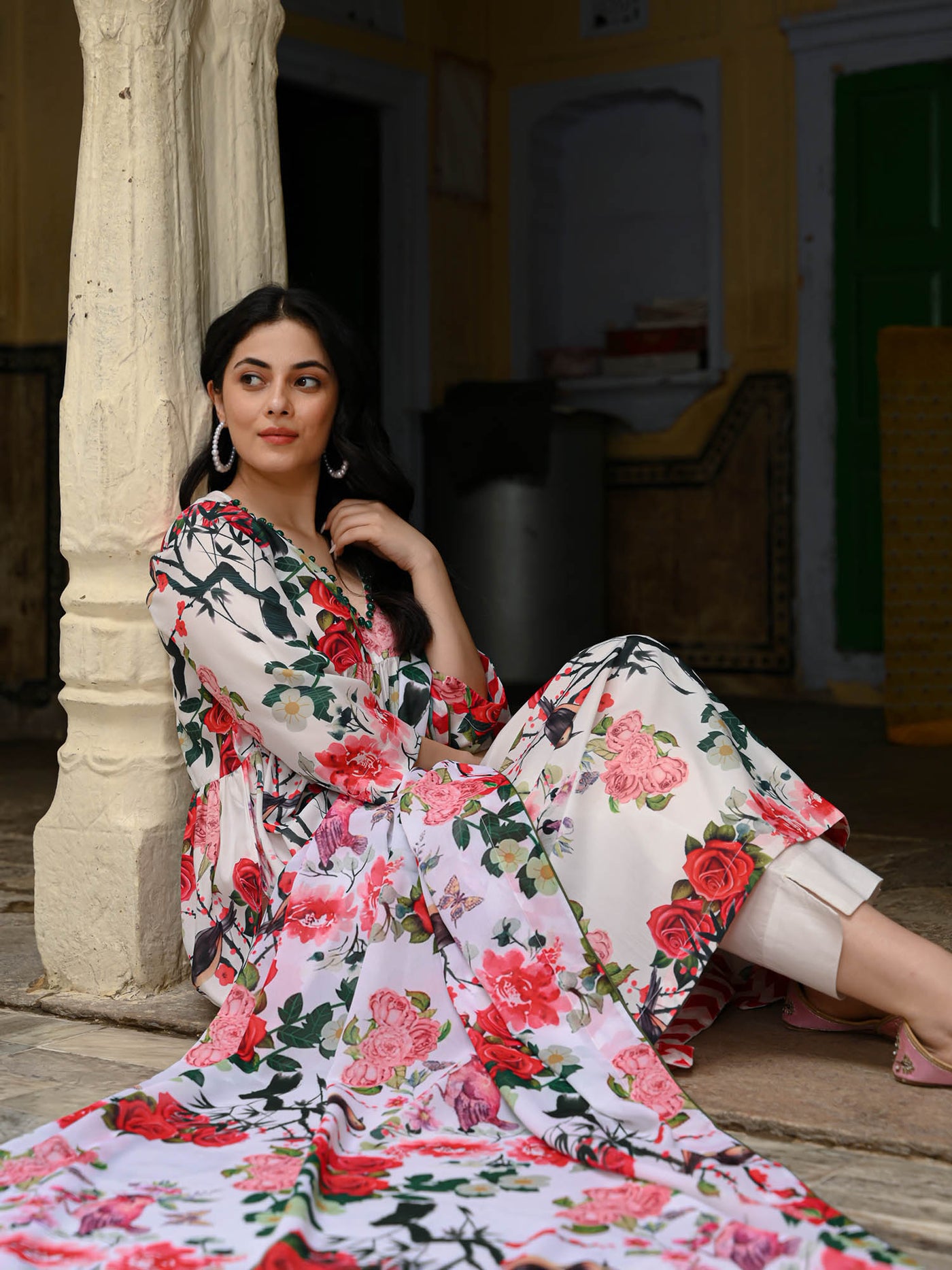 Birds and flowers kurta pant and dupatta set