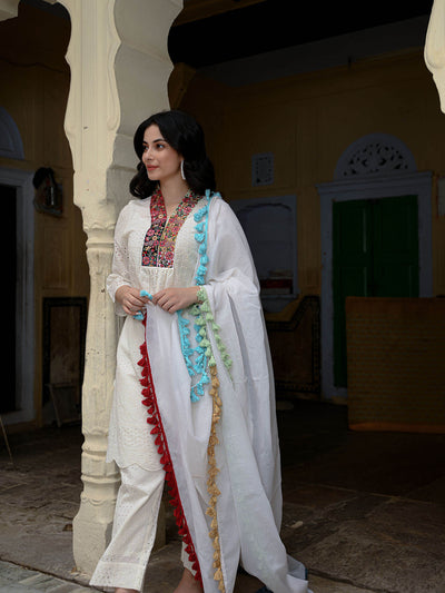 Schiffli Kurta Pant & Dupatta set