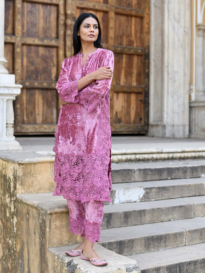 Lace & Velvet Kurta Pant & Dupatta Set