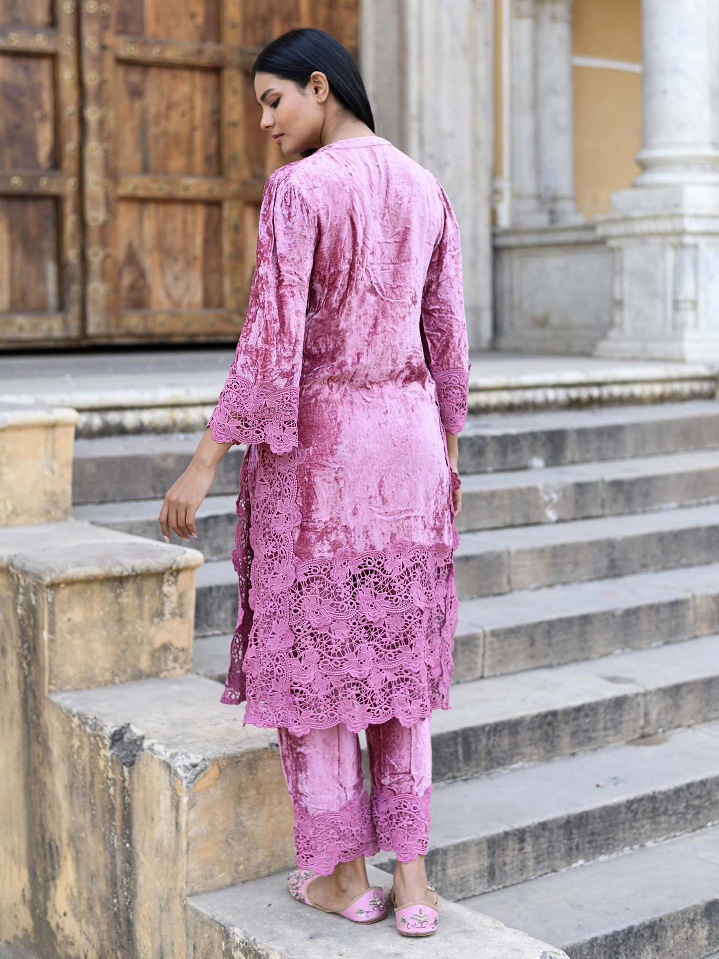 Lace & Velvet Kurta Pant & Dupatta Set