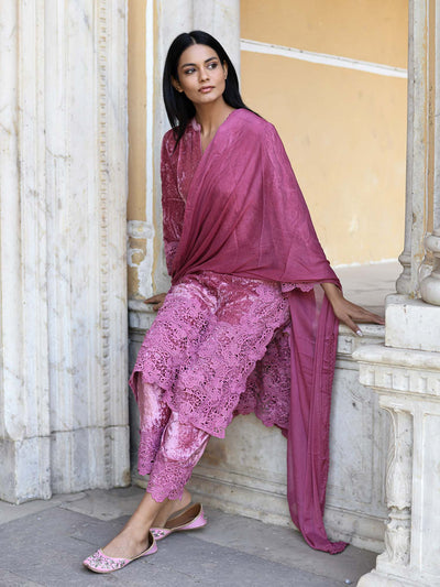 Lace & Velvet Kurta Pant & Dupatta Set