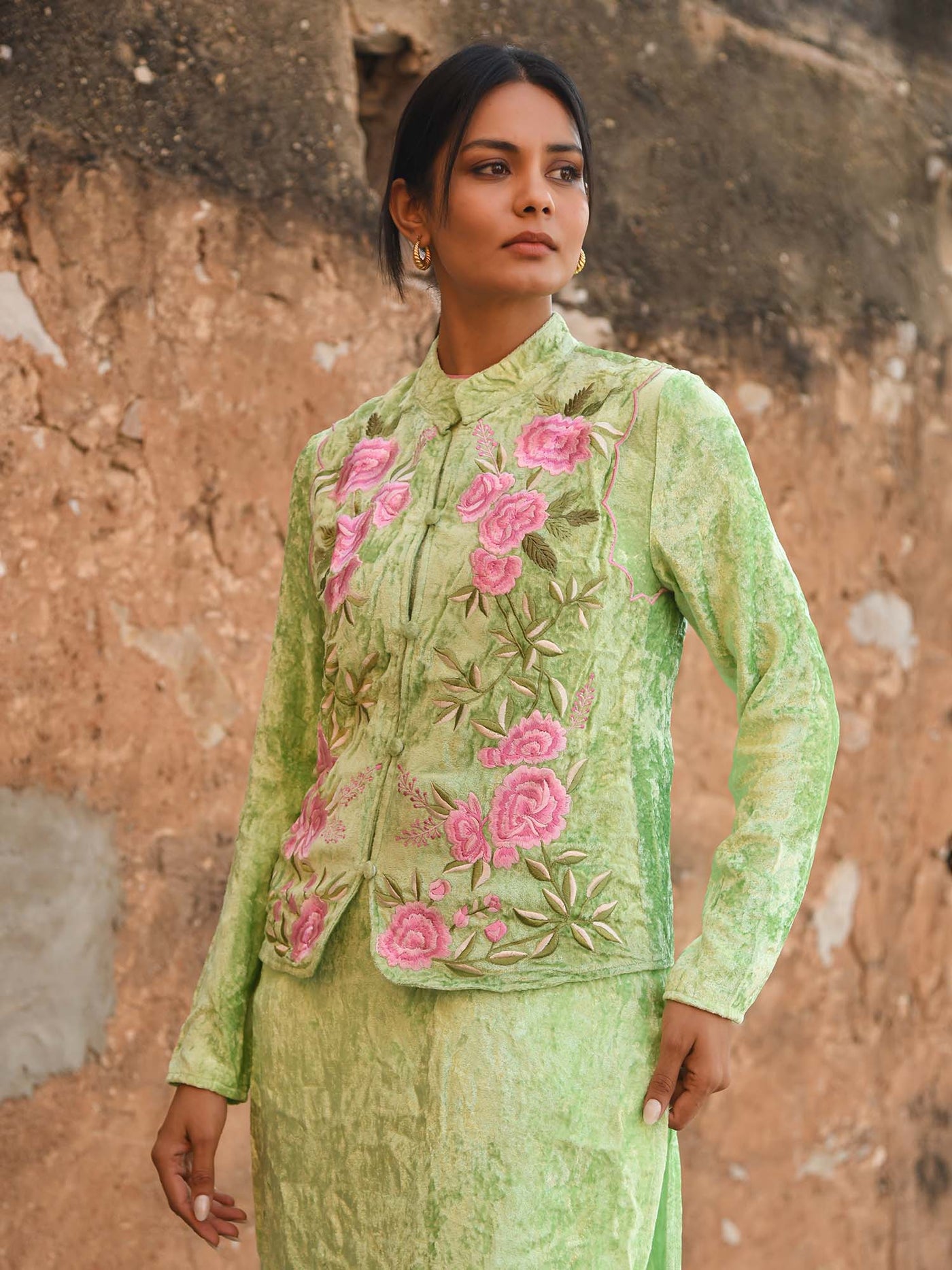 Fresh Pistachio Velvet Jacket Set