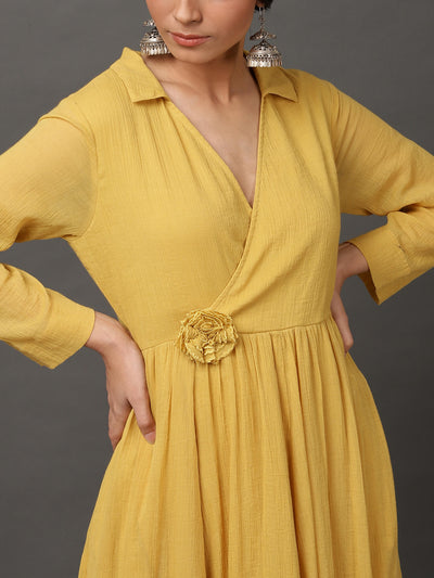 Mustard Cotton Crepe Dress With Pockets