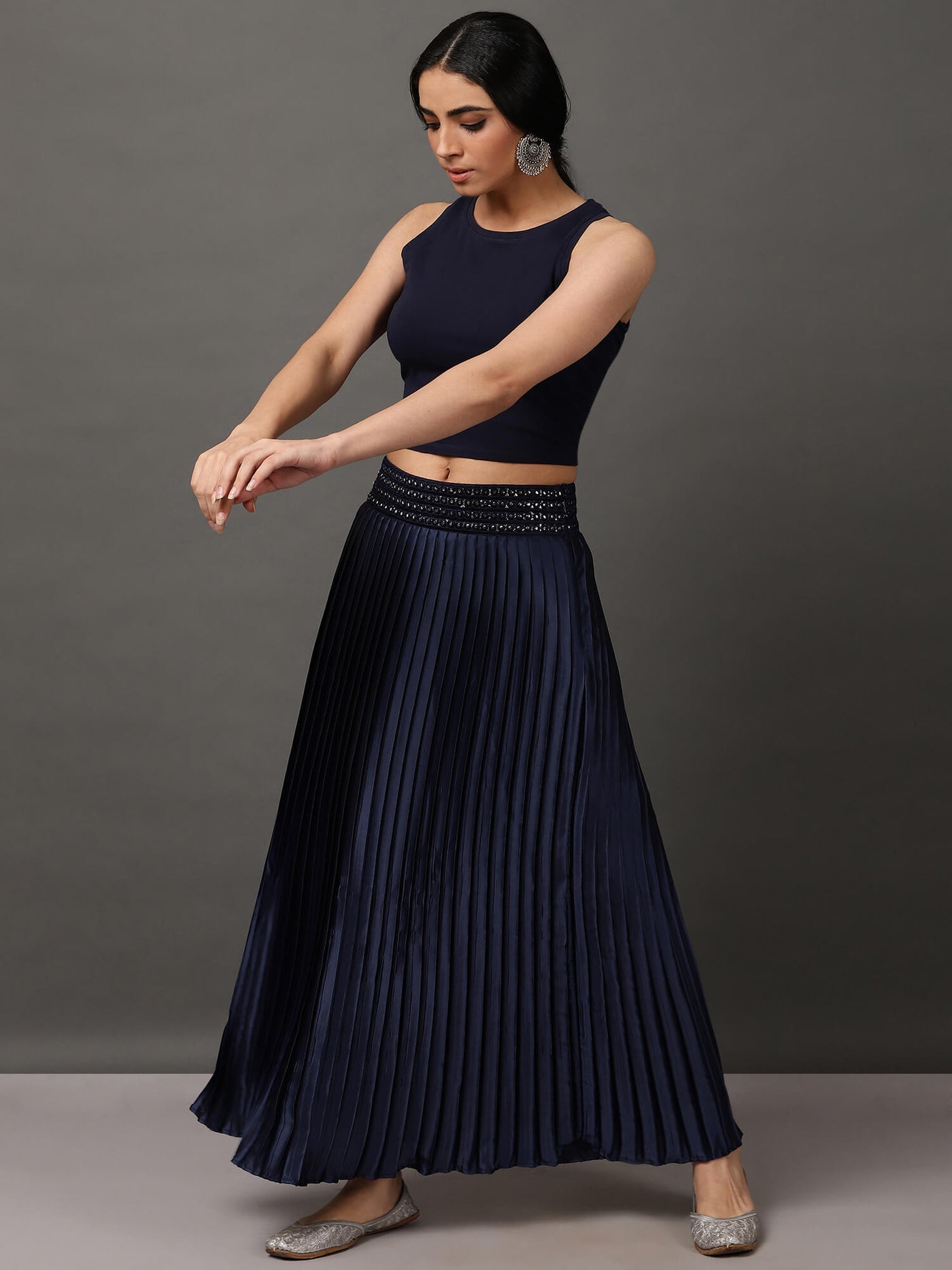 Navy Blue Satin Embroidered Skirt